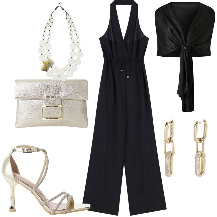 Outfit donna - Uscita serale. Stile Chic per Serata fuori. Abbinamento con orecchini, scialli, sandali col tacco, pochette, tute, ciondoli.