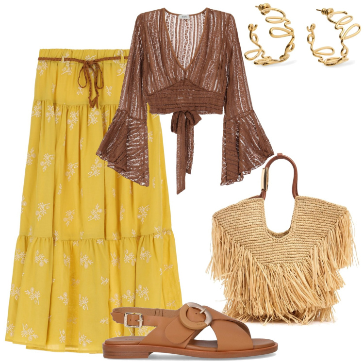 Outfit donna - Total look #2203238. Stile Etnico per Tutti i giorni. Abbinamento con gonne lunghe, top, borse tote, orecchini, sandali.