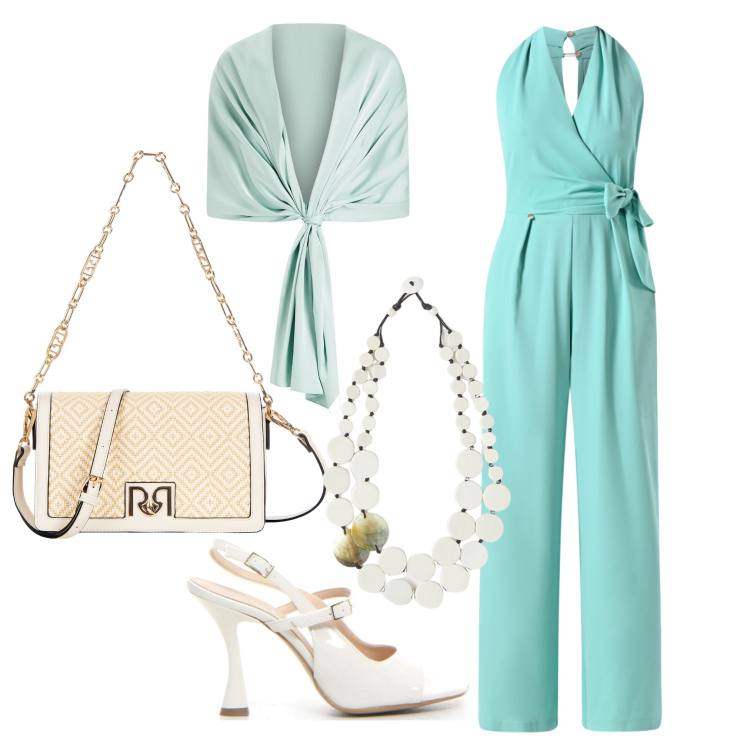 Outfit donna - Jumpsuit da giorno 4. Stile Romantica per Serata fuori. Abbinamento con tute, borse a tracolla, stole, sandali col tacco, ciondoli.
