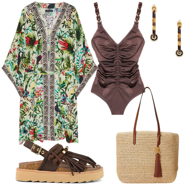 Outfit donna - In costume con stile. Stile Trendy per Mare. Abbinamento con borse tote, orecchini, costumi interi, sandali, caftani.