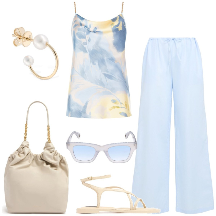 Outfit donna - In vacanza. Stile Casual per Tutti i giorni. Abbinamento con top, orecchini, occhiali da sole, sandali in pelle, borse tote, pantaloni.