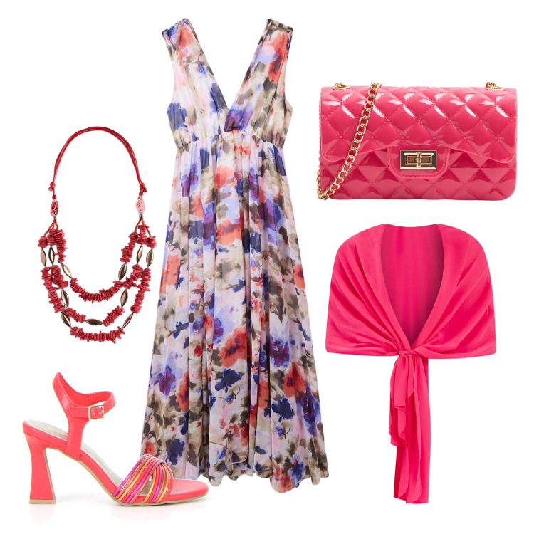 Outfit donna - Con allegria. Stile Chic per Serata fuori. Abbinamento con vestiti lunghi, borse a tracolla, scialli, sandali col tacco, collane.