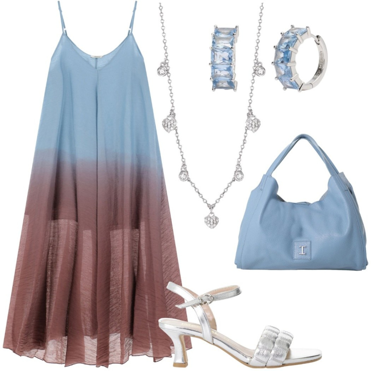 Outfit donna - L\'abito lungo delicato e femminile. Stile Chic per Serata fuori. Abbinamento con orecchini, collane, sandali col tacco, pochette, vestiti lunghi.