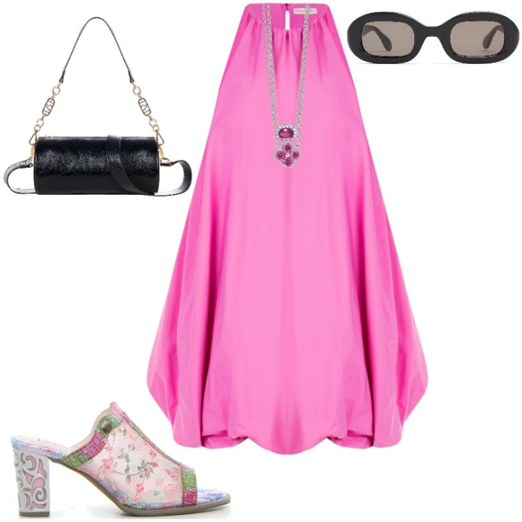 Outfit donna - Abito Baloon Rosa Bubble. Stile Chic per Cerimonia. Abbinamento con vestiti corti, borse a mano, collane, collane, occhiali da sole, sabot.