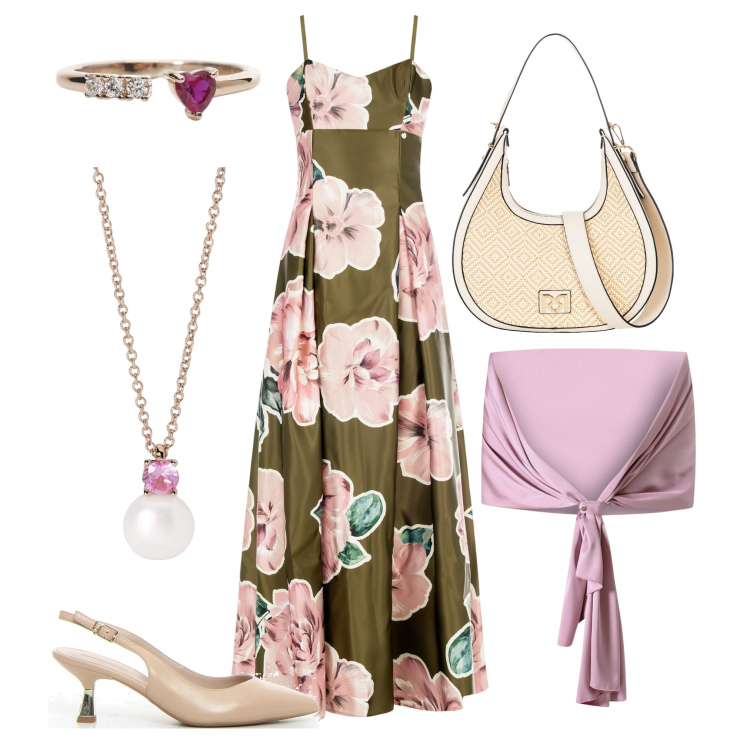 Outfit donna - Grandi fiori rosa. Stile Chic per Serata fuori. Abbinamento con anelli, collane, scialli, vestiti lunghi, borse a mano, décolleté.
