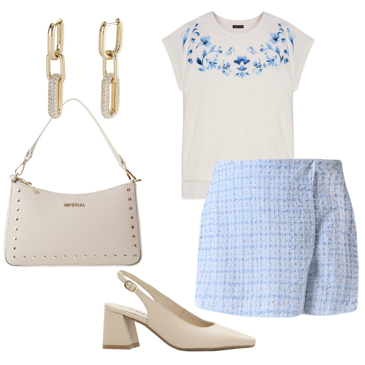Outfit donna - Passeggiata domenicale. Stile Casual chic per Tutti i giorni. Abbinamento con décolleté, orecchini, minigonne, borse a spalla, t-shirt.