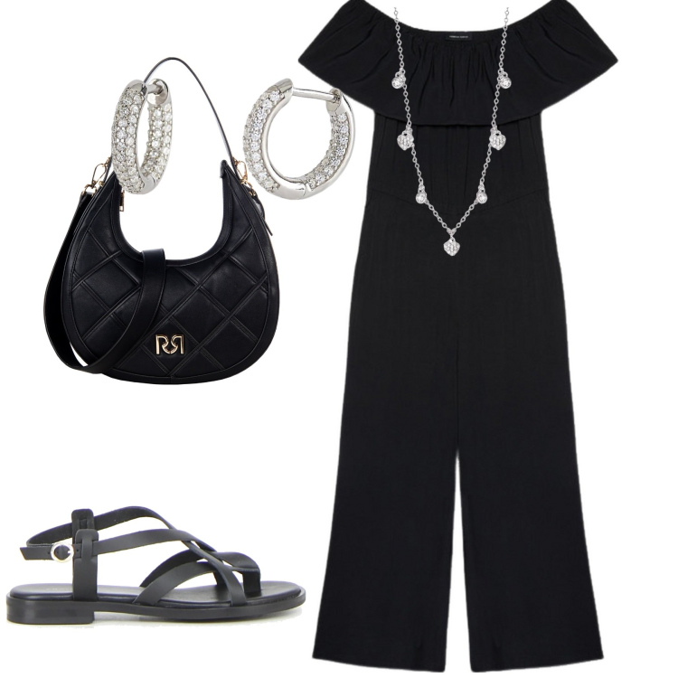 Outfit donna - Jumpsuit giorno. Stile Casual chic per Tutti i giorni. Abbinamento con orecchini, collane, borse a tracolla, tute, sandali.