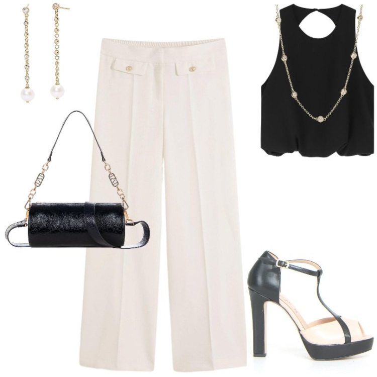Outfit donna - Un top perfetto per ogni occasione. Stile Casual chic per Tutti i giorni. Abbinamento con pantaloni, collane, orecchini, borse a mano, top, sandali col tacco.