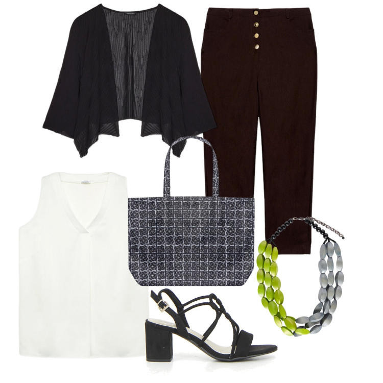 Outfit donna - Fiorella Rubino 4. Stile Bon Ton per Tutti i giorni. Abbinamento con pantaloni, bolero, collane, top, shopping bag, sandali col tacco.
