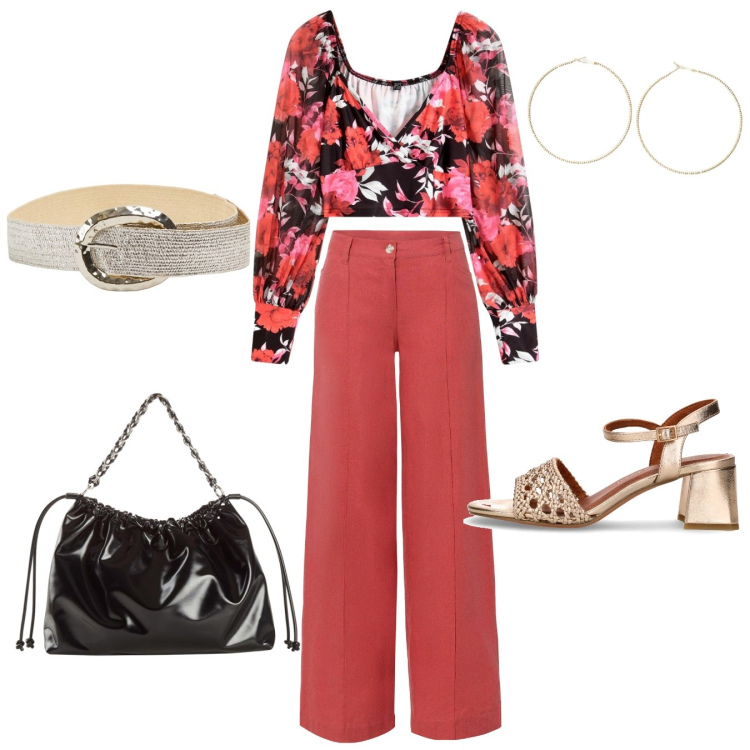 Outfit donna - Pantaloni rossi. Stile Casual chic per Serata fuori. Abbinamento con bluse, pantaloni a palazzo, shopping bag, cinture, orecchini, sandali col tacco.