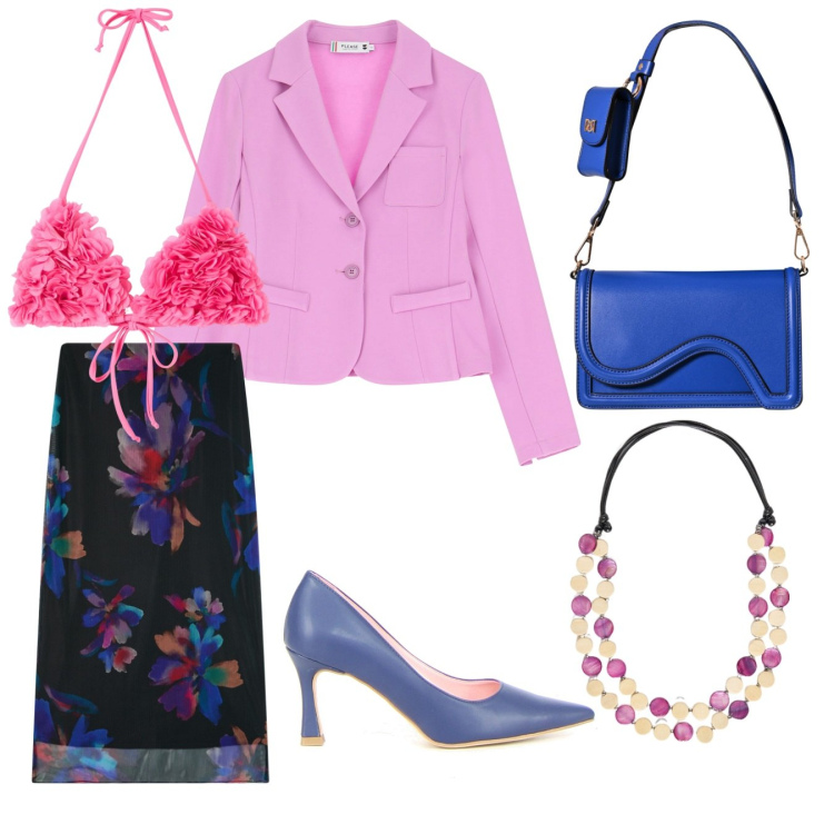 Outfit donna - Location piscina. Stile Romantica per Mare. Abbinamento con gonne lunghe, bikini, pochette, blazer, collane, décolleté.