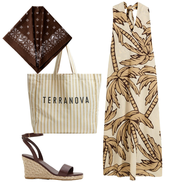 Outfit donna - Sandali con zeppa. Stile Casual per Tutti i giorni. Abbinamento con vestiti, sandali, borse tote, foulard.