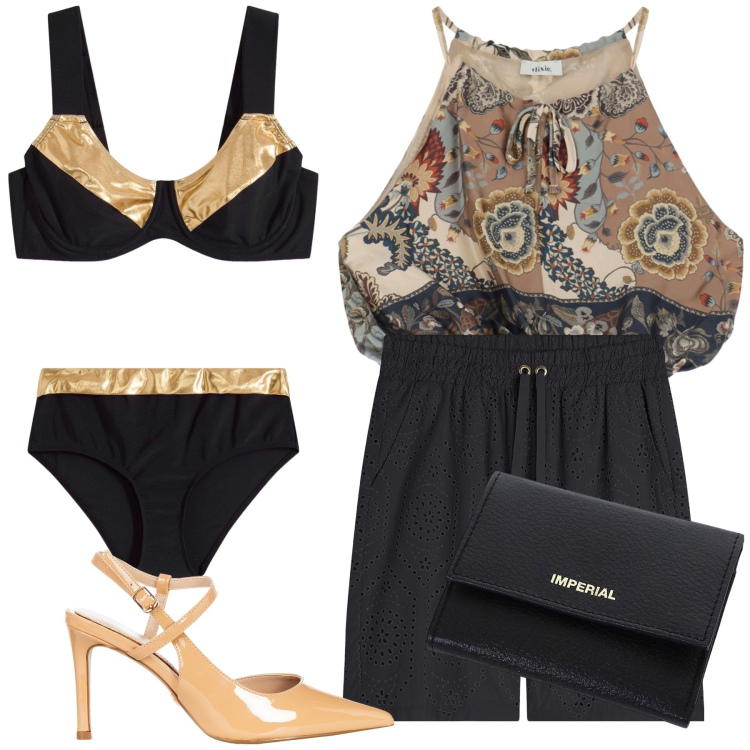 Outfit donna - Un bikini da signora. Stile Glamour per Mare. Abbinamento con bikini, bermuda, décolleté, portafogli, top.