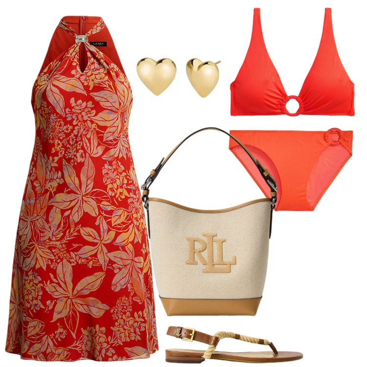 Outfit donna - Rosso. Stile Chic per Mare. Abbinamento con orecchini, vestiti, bikini, ciabatte, borse a secchiello, bikini.