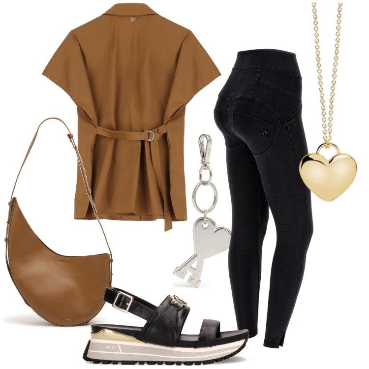 Outfit donna - Urban escape. Stile Urban per Tutti i giorni. Abbinamento con collane, camicie, jeggings, sandali, portachiavi, borse a spalla.
