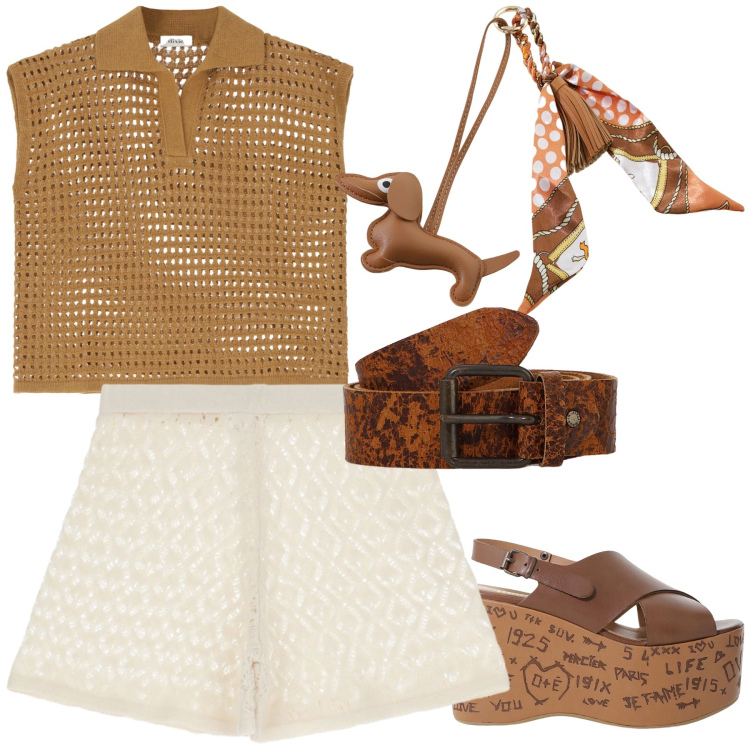 Outfit donna - Sconti Dixie. Stile Trendy per Tutti i giorni. Abbinamento con shorts, portachiavi, zeppe, top, cinture.