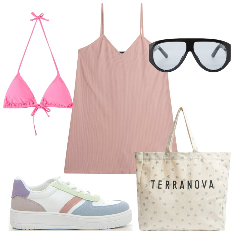 Outfit donna - Total look #2203307. Stile Basic per Mare. Abbinamento con bikini, shopping bag, occhiali da sole, vestiti corti, sneakers.
