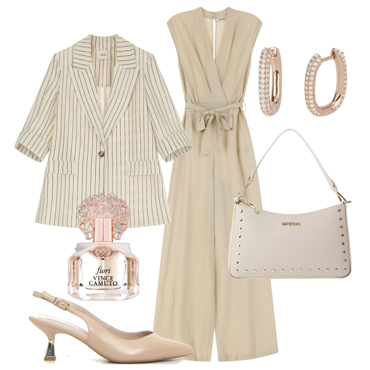 Outfit donna - Evento dai toni chiari. Stile Chic per Cerimonia. Abbinamento con profumi, orecchini, borse a spalla, tute, blazer, décolleté.