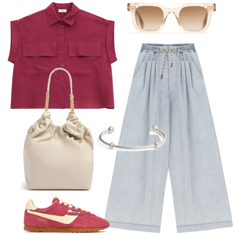 Outfit donna - Università. Stile Casual per Scuola/Università. Abbinamento con camicie a manica corta, jeans, braccialetti, occhiali da sole, sneakers, borse tote.