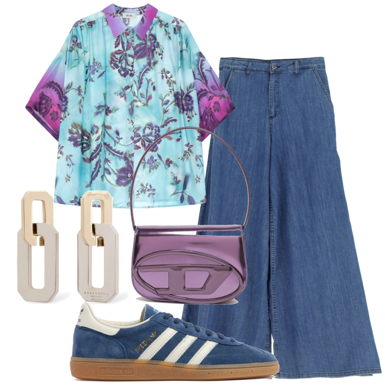 Outfit donna - Casual. Stile Casual per Tutti i giorni. Abbinamento con jeans, camicie, orecchini, borse a spalla, sneakers.