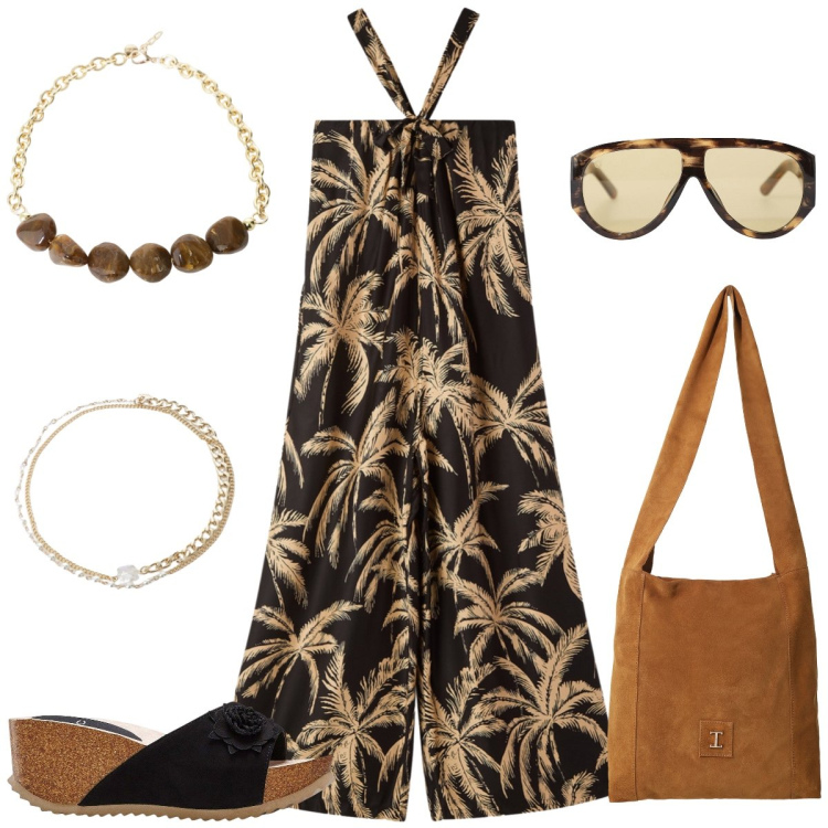 Outfit donna - In vacanza. Stile Boho per Tutti i giorni. Abbinamento con sandali, tute, occhiali da sole, borse a tracolla, collane, braccialetti.