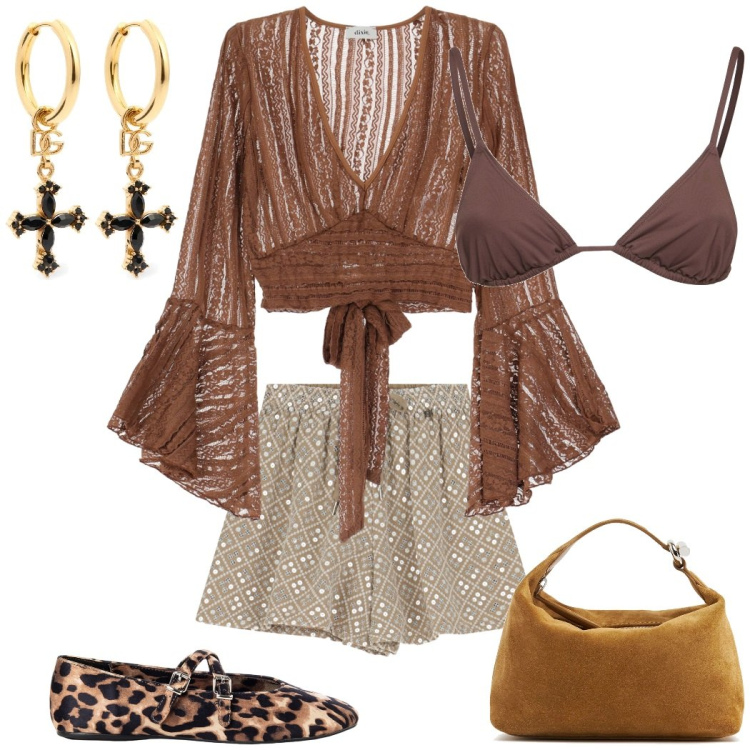 Outfit donna - Disco party. Stile Sexy per Serata fuori. Abbinamento con ballerine, top, shorts, orecchini, bikini, pochette.