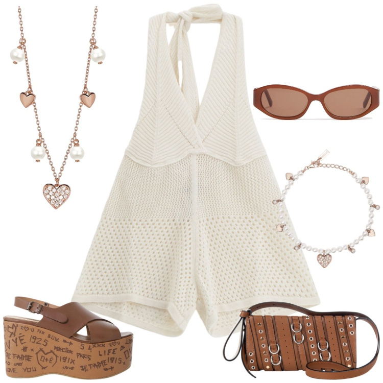 Outfit donna - La tuta in maglia. Stile Boho per Tutti i giorni. Abbinamento con braccialetti, collane, borse a spalla, zeppe, tute, occhiali da sole.