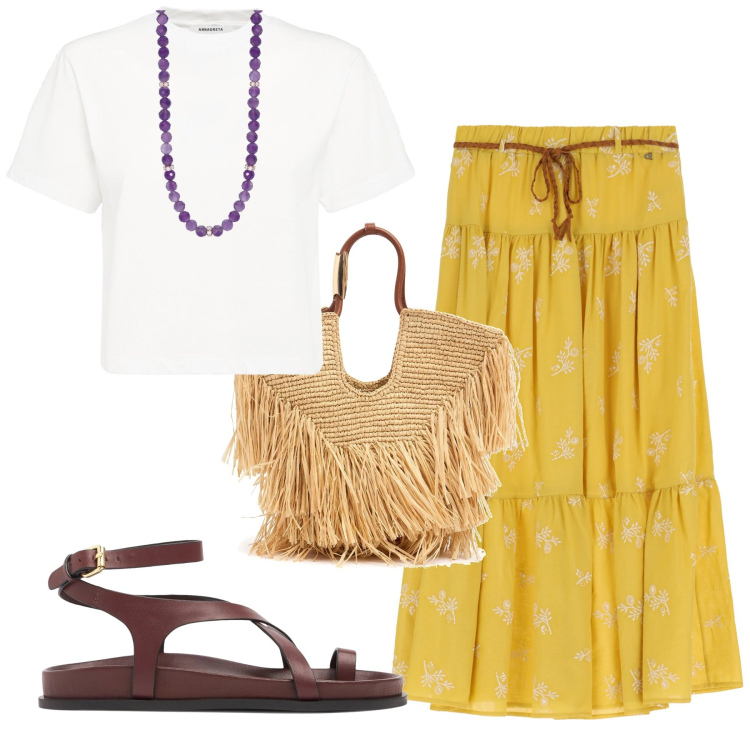 Outfit donna - Total look #2203333. Stile Etnico per Tutti i giorni. Abbinamento con collane, gonne lunghe, sandali in pelle, borse tote, t-shirt.