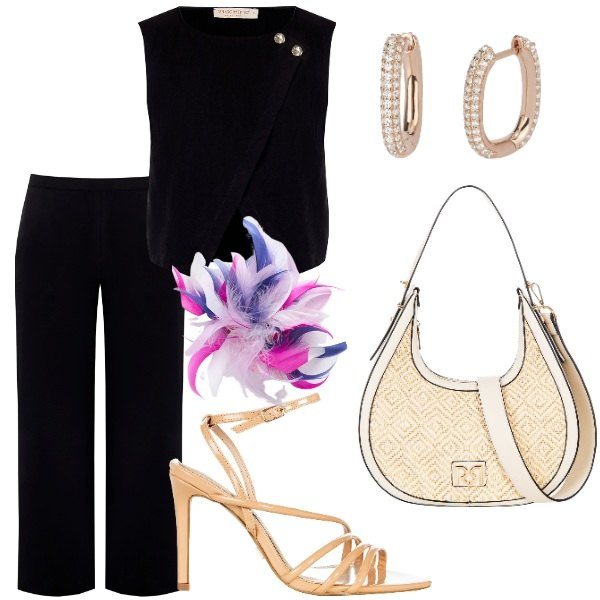 Outfit donna - A cena fuori. Stile Casual chic per Serata fuori. Abbinamento con orecchini, top, pantaloni, sandali col tacco, borse a mano, accessori per capelli.