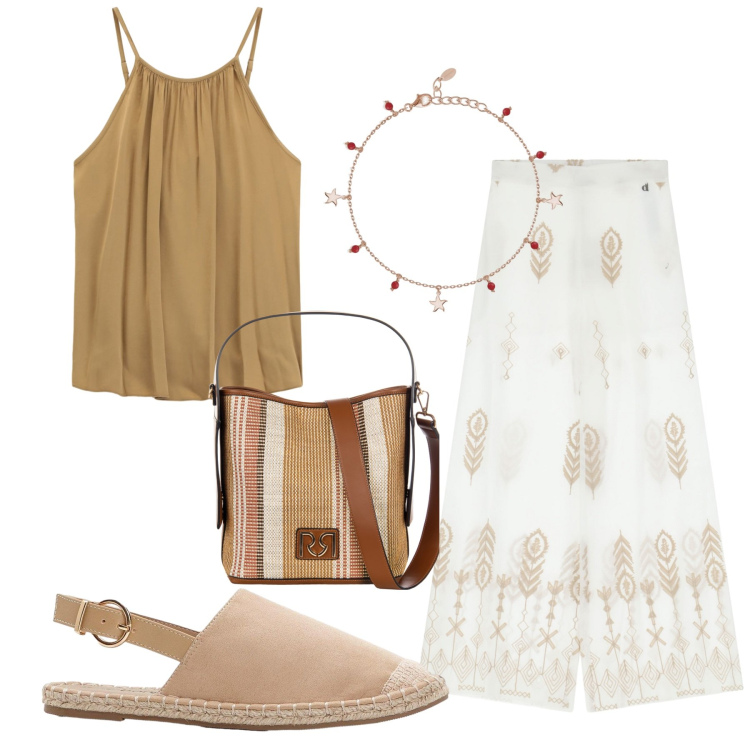 Outfit donna - Total look #2203345. Stile Etnico per Tutti i giorni. Abbinamento con espadrillas, pantaloni, top, braccialetti con ciondoli, borse a secchiello.