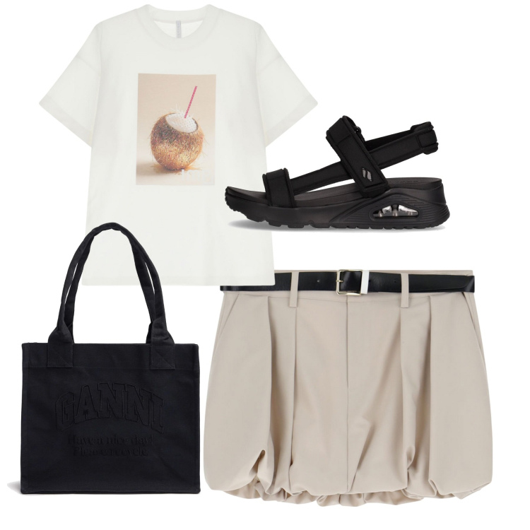 Outfit donna - Daily city. Stile Basic per Tutti i giorni. Abbinamento con t-shirt, minigonne, sandali, shopping bag.