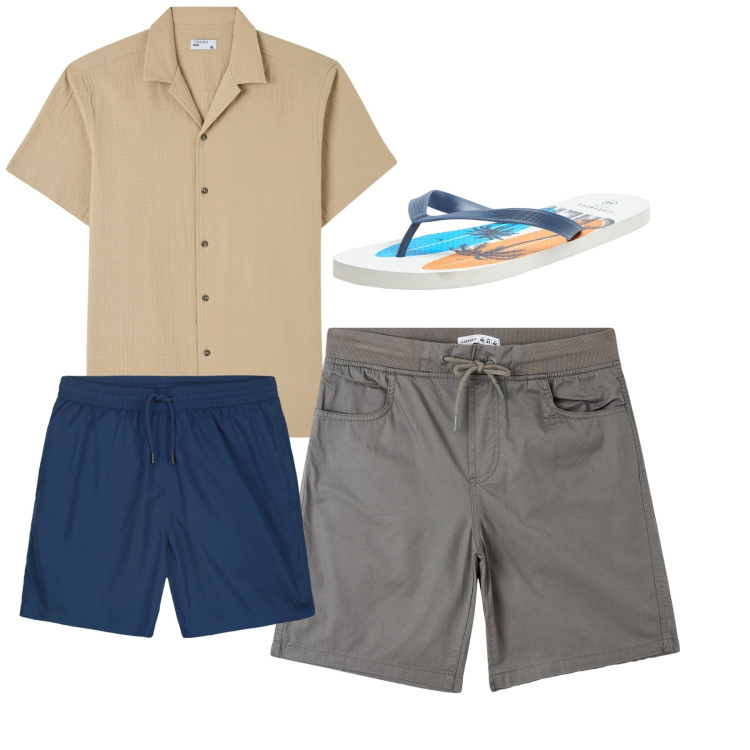 Outfit uomo - Mare. Stile Casual per Tutti i giorni. Abbinamento con sandali, camicie a manica corta, shorts, costumi.