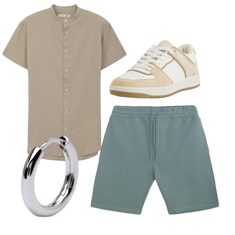 Outfit uomo - City. Stile Casual per Tutti i giorni. Abbinamento con sneakers, camicie a manica corta, pantaloni corti, orecchini.