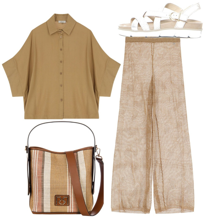 Outfit donna - Beige. Stile Basic per Tutti i giorni. Abbinamento con borse a secchiello, pantaloni, camicie a manica corta, sandali.
