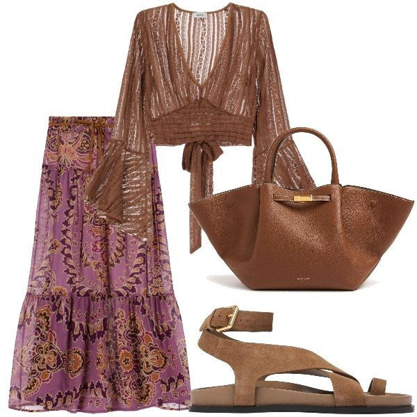 Outfit donna - Le serate di Luglio. Stile Casual per Tutti i giorni. Abbinamento con gonne lunghe, top, sandali in pelle, shopping bag.