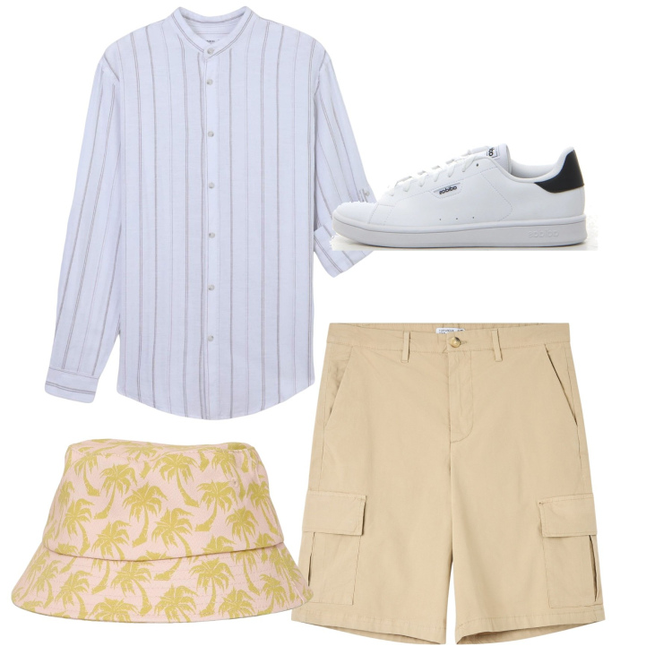 Outfit uomo - City. Stile Casual per Tutti i giorni. Abbinamento con camicie, cappelli con visiera, bermuda, sneakers.