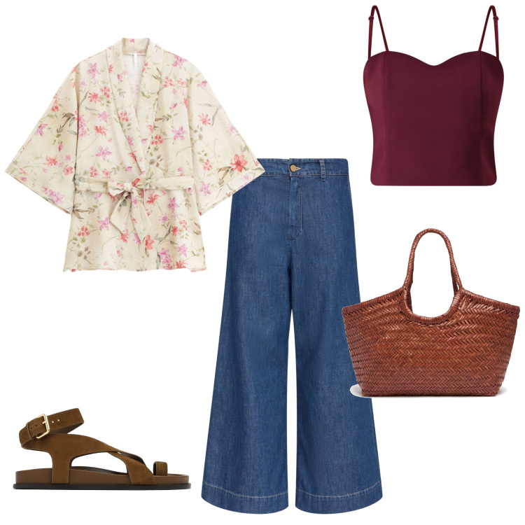 Outfit donna - Sere d\'estate. Stile Casual chic per Serata fuori. Abbinamento con top, kimono, jeans, sandali in pelle, shopping bag.