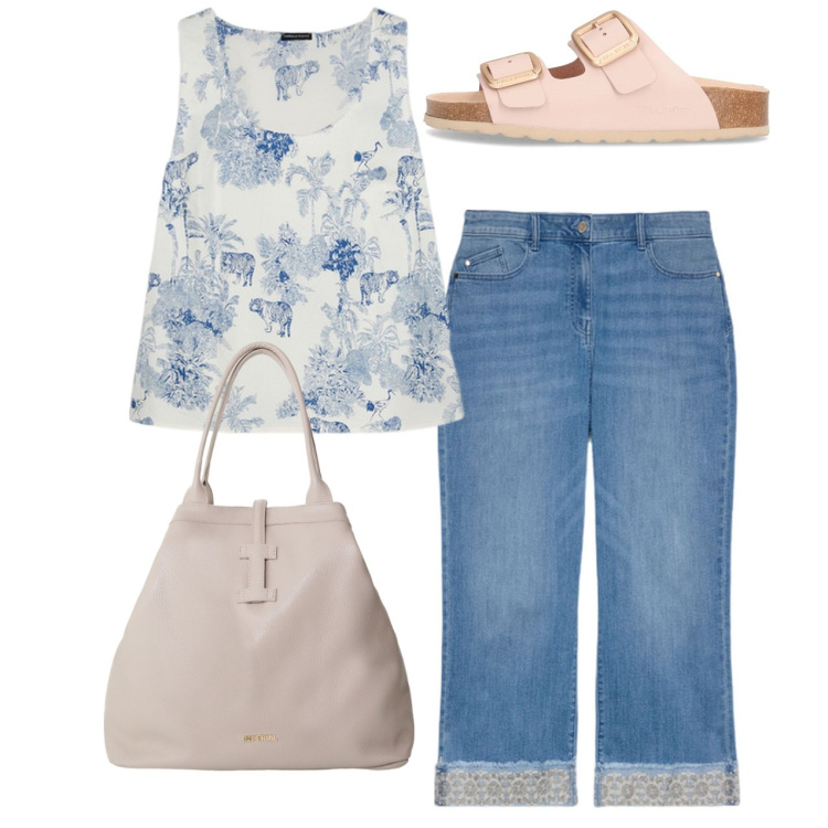Outfit donna - Basic. Stile Casual per Tutti i giorni. Abbinamento con borse tote, jeans dritti, top, ciabatte.