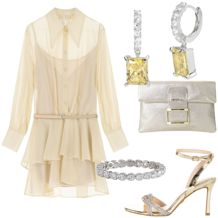 Outfit donna - Cerimonia elegante. Stile Glamour per Cerimonia. Abbinamento con vestiti corti, pochette, anelli, orecchini, sandali col tacco.