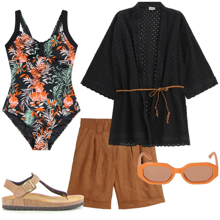 Outfit donna - Nella valigia delle vacanze. Stile Chic per Mare. Abbinamento con bermuda, costumi interi, cappotti, occhiali da sole, ciabatte.