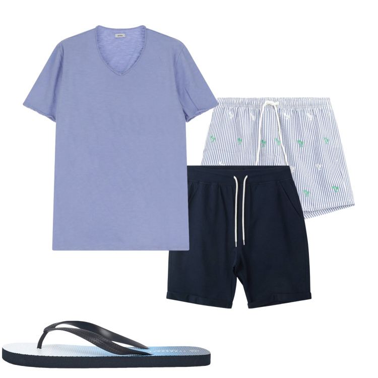Outfit uomo - In piscina. Stile Casual per Mare. Abbinamento con pantaloni corti, sandali, costumi, t-shirt.