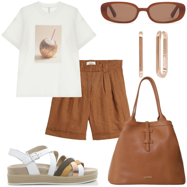 Outfit donna - Bermuda e maglietta. Stile Casual chic per Tutti i giorni. Abbinamento con bermuda, orecchini, borse tote, t-shirt, occhiali da sole, sandali.