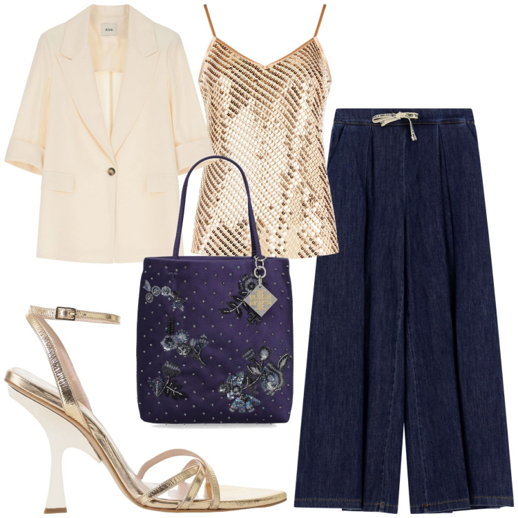 Outfit donna - Total look #2203400. Stile Glamour per Cerimonia. Abbinamento con canottiere, jeans, sandali col tacco, blazer, borse a mano.