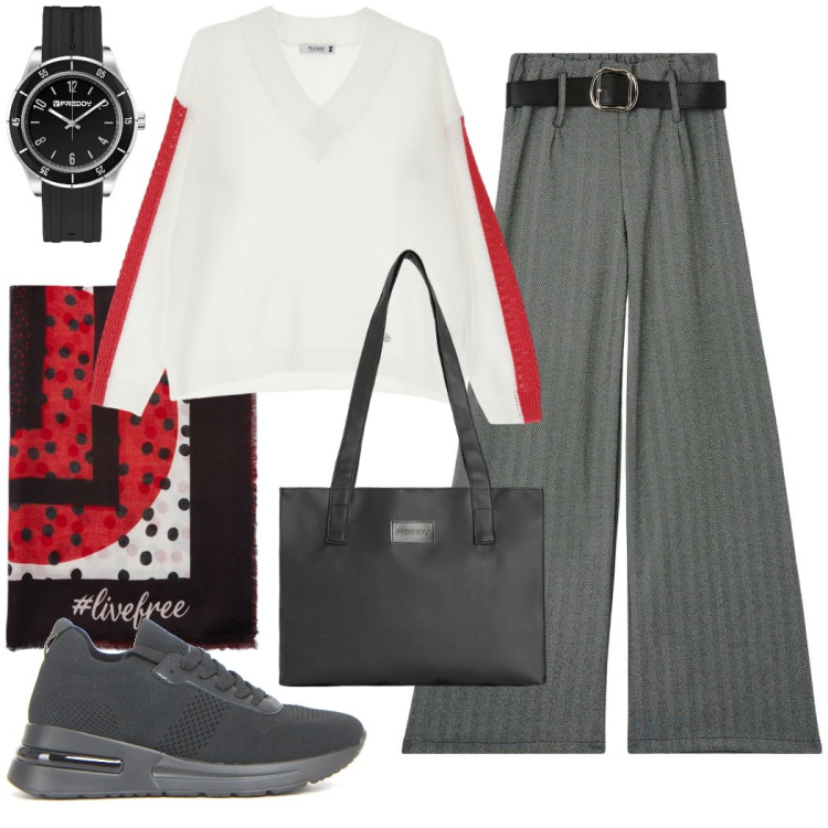 Outfit donna - Urban style. Stile Urban per Tutti i giorni. Abbinamento con pantaloni, pullovers, shopping bag, orologi, foulard, sneakers.