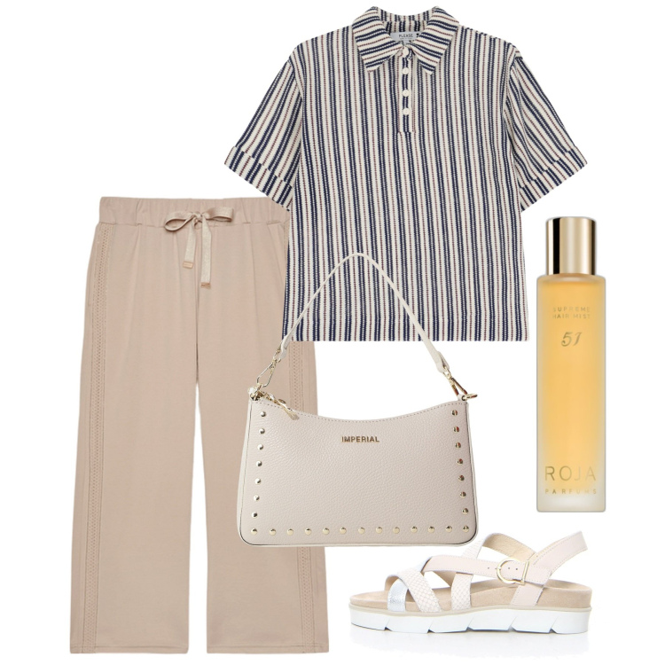 Outfit donna - Luglio Basic. Stile Basic per Tutti i giorni. Abbinamento con profumi, t-shirt, borse a spalla, pantaloni, sandali.