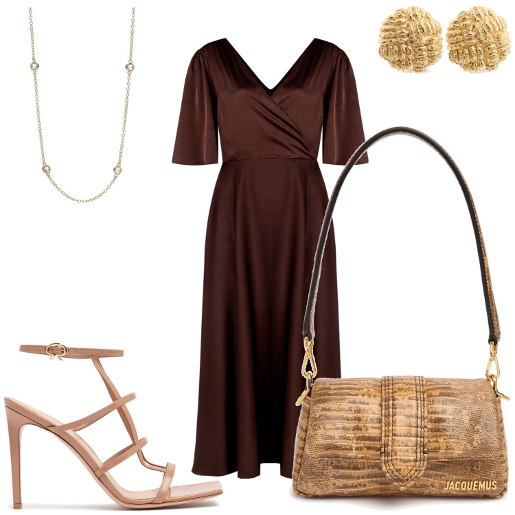 Outfit donna - Pranzo elegante. Stile Glamour per Tutti i giorni. Abbinamento con vestiti lunghi, collane, borse a spalla, orecchini, sandali in pelle.