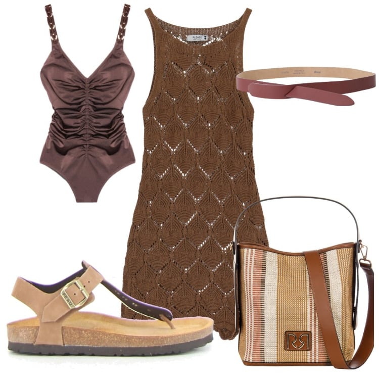 Outfit donna - Total look #2203413. Stile Etnico per Mare. Abbinamento con borse a secchiello, vestiti corti, cinture, costumi interi, ciabatte.