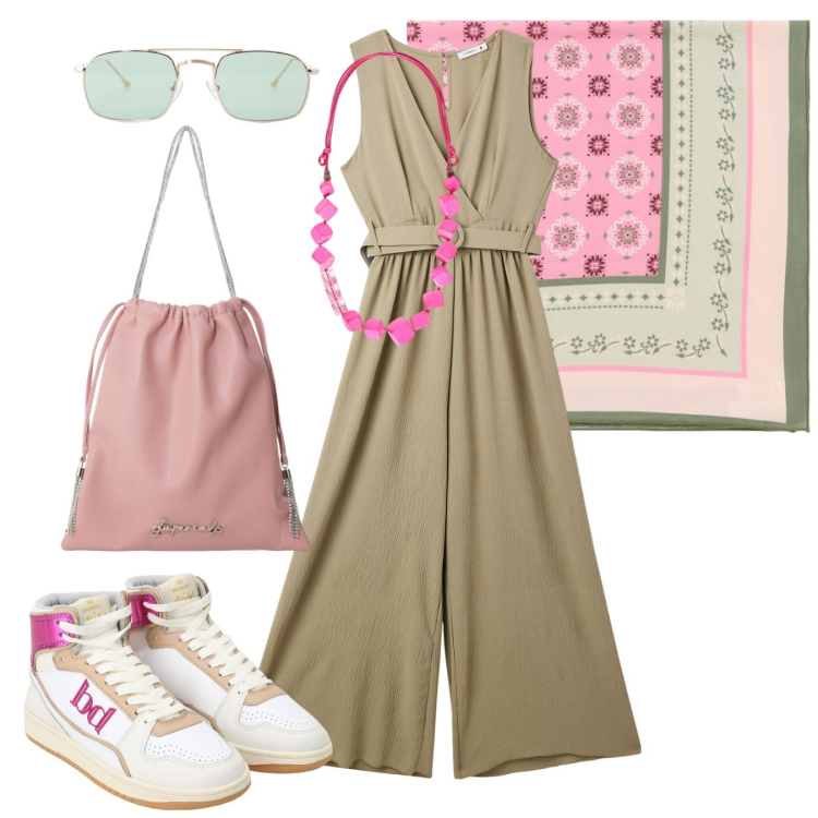Outfit donna - Comoda e versatile. Stile Casual chic per Tutti i giorni. Abbinamento con tute, borse a secchiello, occhiali da sole, foulard, sneakers alte, collane.