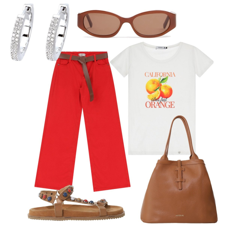 Outfit donna - In città. Stile Casual chic per Tutti i giorni. Abbinamento con orecchini, pantaloni, t-shirt, borse tote, sandali, occhiali da sole.