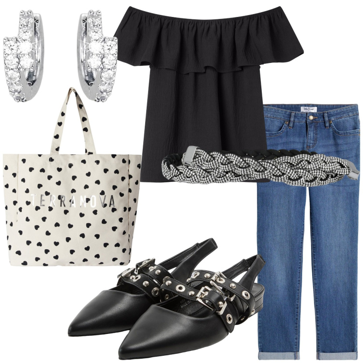 Outfit donna - Total look #2203418. Stile Basic per Tutti i giorni. Abbinamento con jeans dritti, bluse, cinture, borse tote, sabot, orecchini.